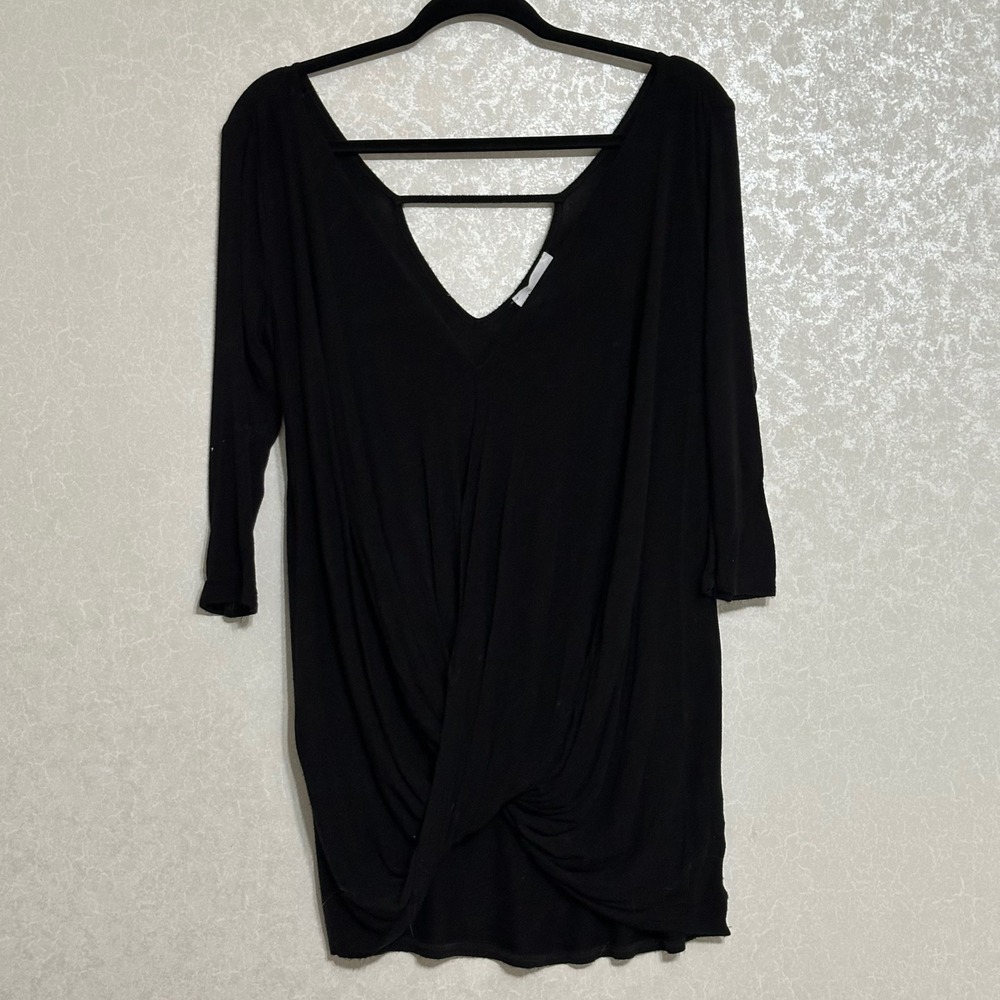Korye Solid Black Knit V-neck Twist Front 3/4 Sleeve Dolman Tunic Top Casual M